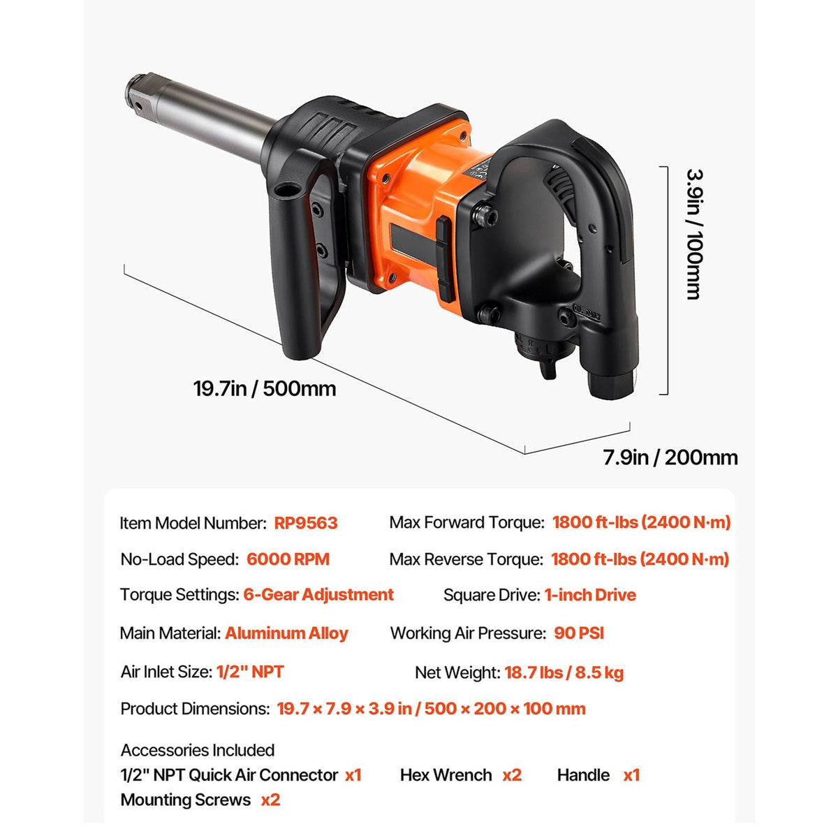 1 Inch Air Impact Wrench, Up to 1800 ft-lbs Nut-Busting Torque, 18.7 lbs Lightweight Pneumatic Impact Gun with 6" Extended Anvil for Heavy Duty Repairs and Maintenance