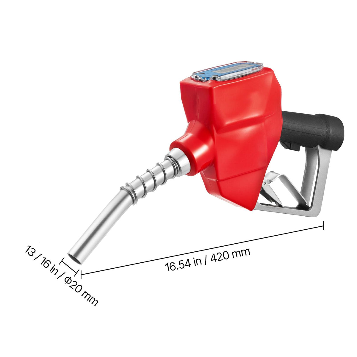 1 Inch Barb Digital Fuel Nozzle with Swivel, Max Flow Rate 12.6 GPM, Auto Shut Off Diesel Gas Pump Nozzle with 3/16 in (OD=20 mm) Spout & Digital Display, Used for Gasoline, Diesel, Kerosene Red