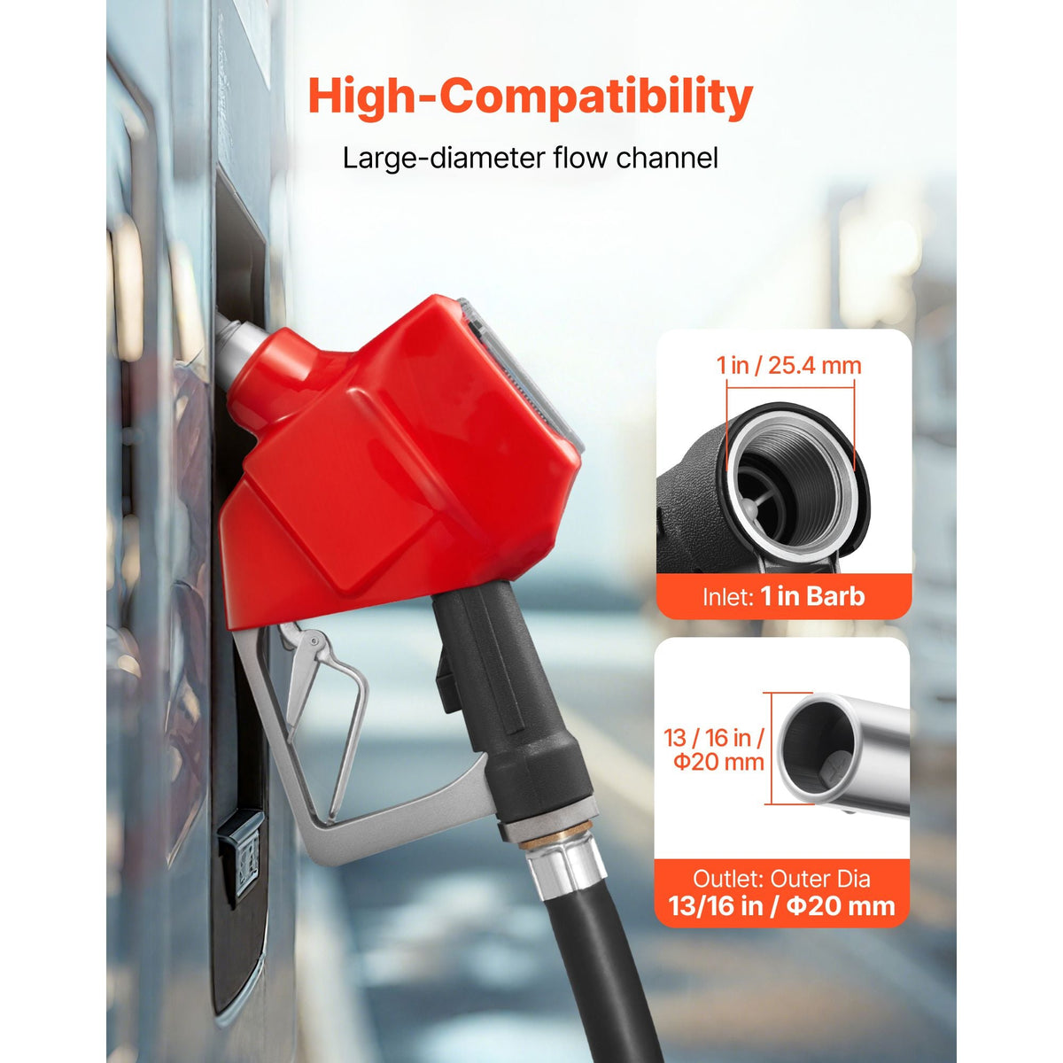 1 Inch Barb Digital Fuel Nozzle with Swivel, Max Flow Rate 12.6 GPM, Auto Shut Off Diesel Gas Pump Nozzle with 3/16 in (OD=20 mm) Spout & Digital Display, Used for Gasoline, Diesel, Kerosene Red