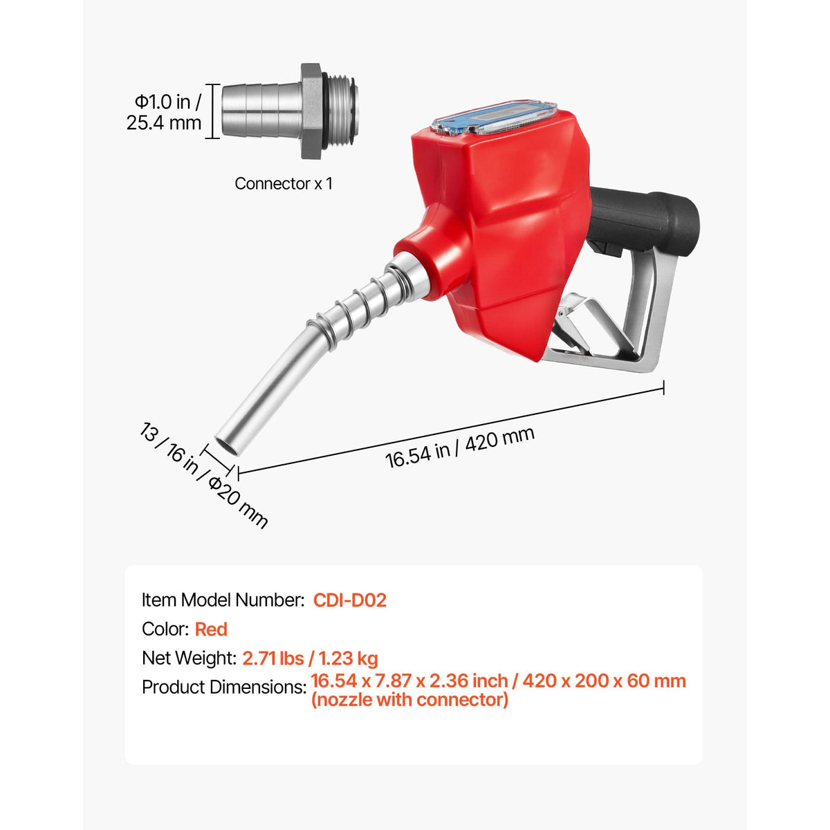 1 Inch Barb Digital Fuel Nozzle with Swivel, Max Flow Rate 12.6 GPM, Auto Shut Off Diesel Gas Pump Nozzle with 3/16 in (OD=20 mm) Spout & Digital Display, Used for Gasoline, Diesel, Kerosene Red
