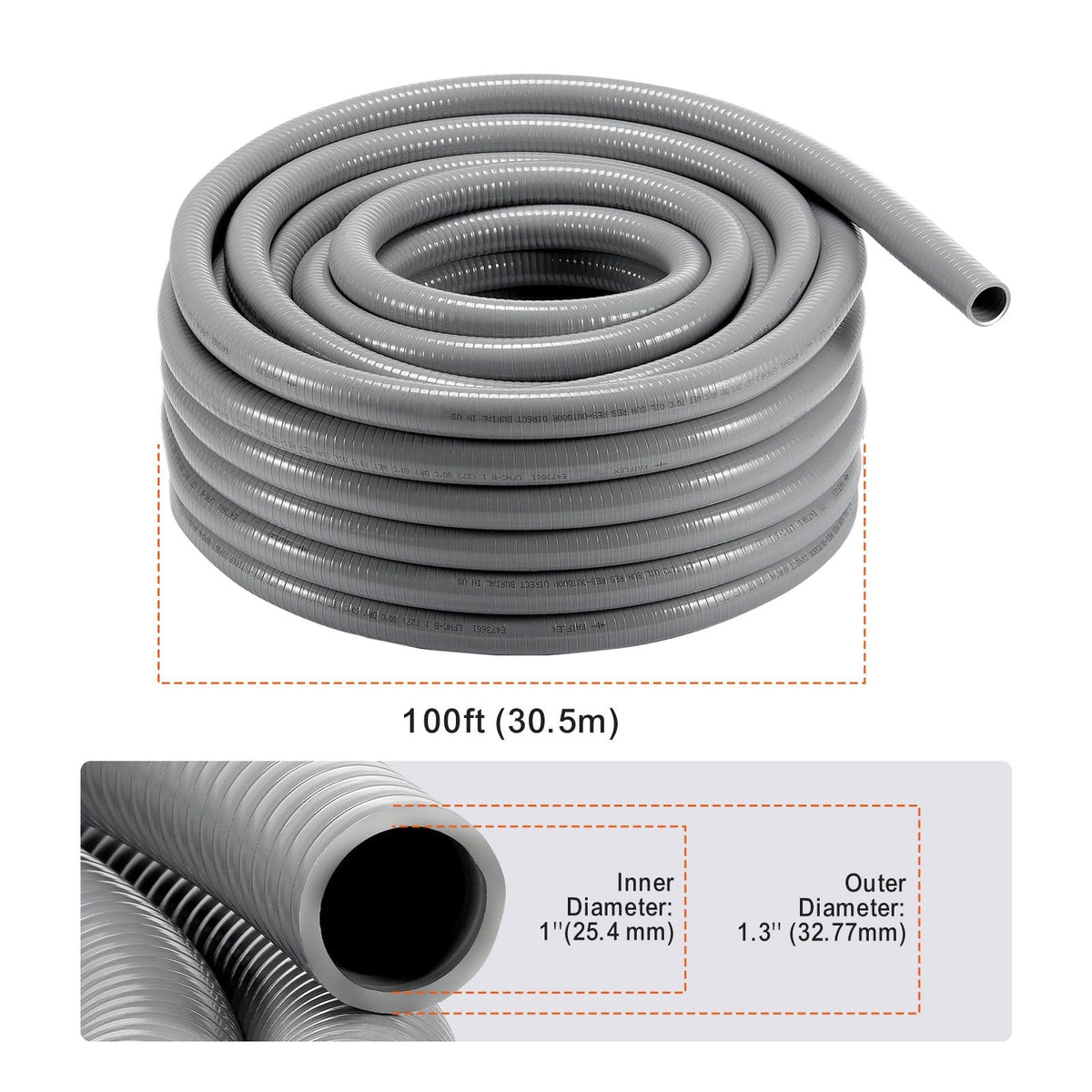 1-Inch Flexible Electrical Conduit, 100 ft, PVC Liquid-Tight Conduit Non-Metallic with 5 Straight and 5 90-Degree Conduit Connector Fittings, for Air Conditioning Motor Controller Pump, IP65