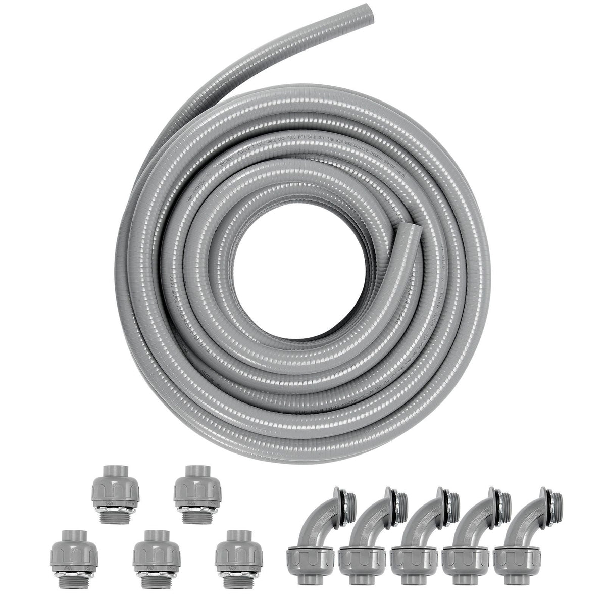 1-Inch Flexible Electrical Conduit, 100 ft, PVC Liquid-Tight Conduit Non-Metallic with 5 Straight and 5 90-Degree Conduit Connector Fittings, for Air Conditioning Motor Controller Pump, IP65