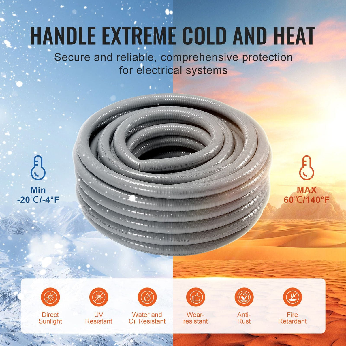 1-Inch Flexible Electrical Conduit, 100 ft, PVC Liquid-Tight Conduit Non-Metallic with 5 Straight and 5 90-Degree Conduit Connector Fittings, for Air Conditioning Motor Controller Pump, IP65