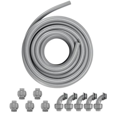 1-Inch Flexible Electrical Conduit, 100 ft, PVC Liquid-Tight Conduit Non-Metallic with 5 Straight and 5 90-Degree Conduit Connector Fittings, for Air Conditioning Motor Controller Pump, IP65