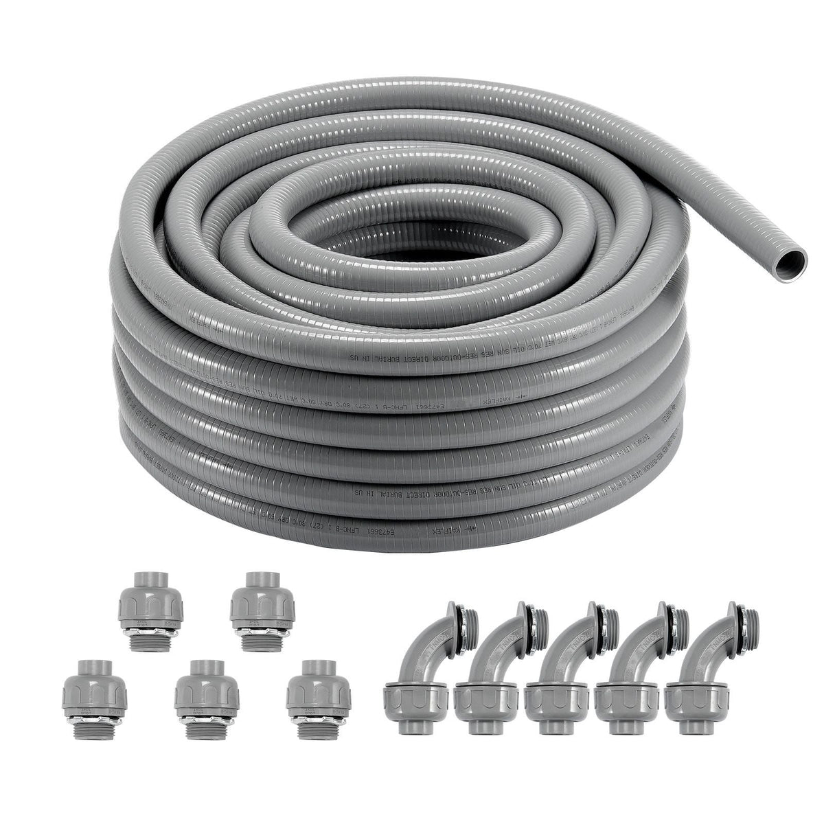 1-Inch Flexible Electrical Conduit, 100 ft, PVC Liquid-Tight Conduit Non-Metallic with 5 Straight and 5 90-Degree Conduit Connector Fittings, for Air Conditioning Motor Controller Pump, IP65