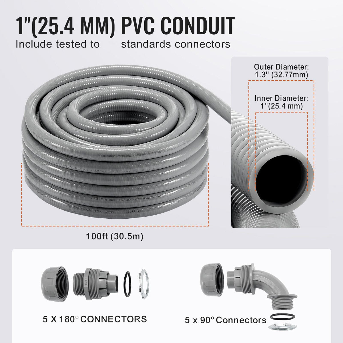 1-Inch Flexible Electrical Conduit, 100 ft, PVC Liquid-Tight Conduit Non-Metallic with 5 Straight and 5 90-Degree Conduit Connector Fittings, for Air Conditioning Motor Controller Pump, IP65