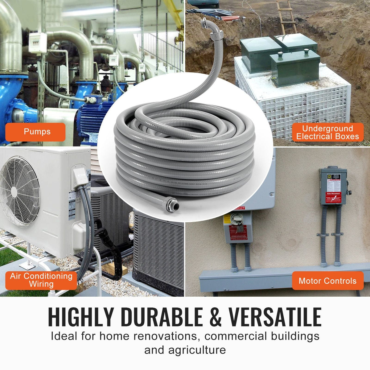 1-Inch Flexible Electrical Conduit, 100 ft, PVC Liquid-Tight Conduit Non-Metallic with 5 Straight and 5 90-Degree Conduit Connector Fittings, for Air Conditioning Motor Controller Pump, IP65