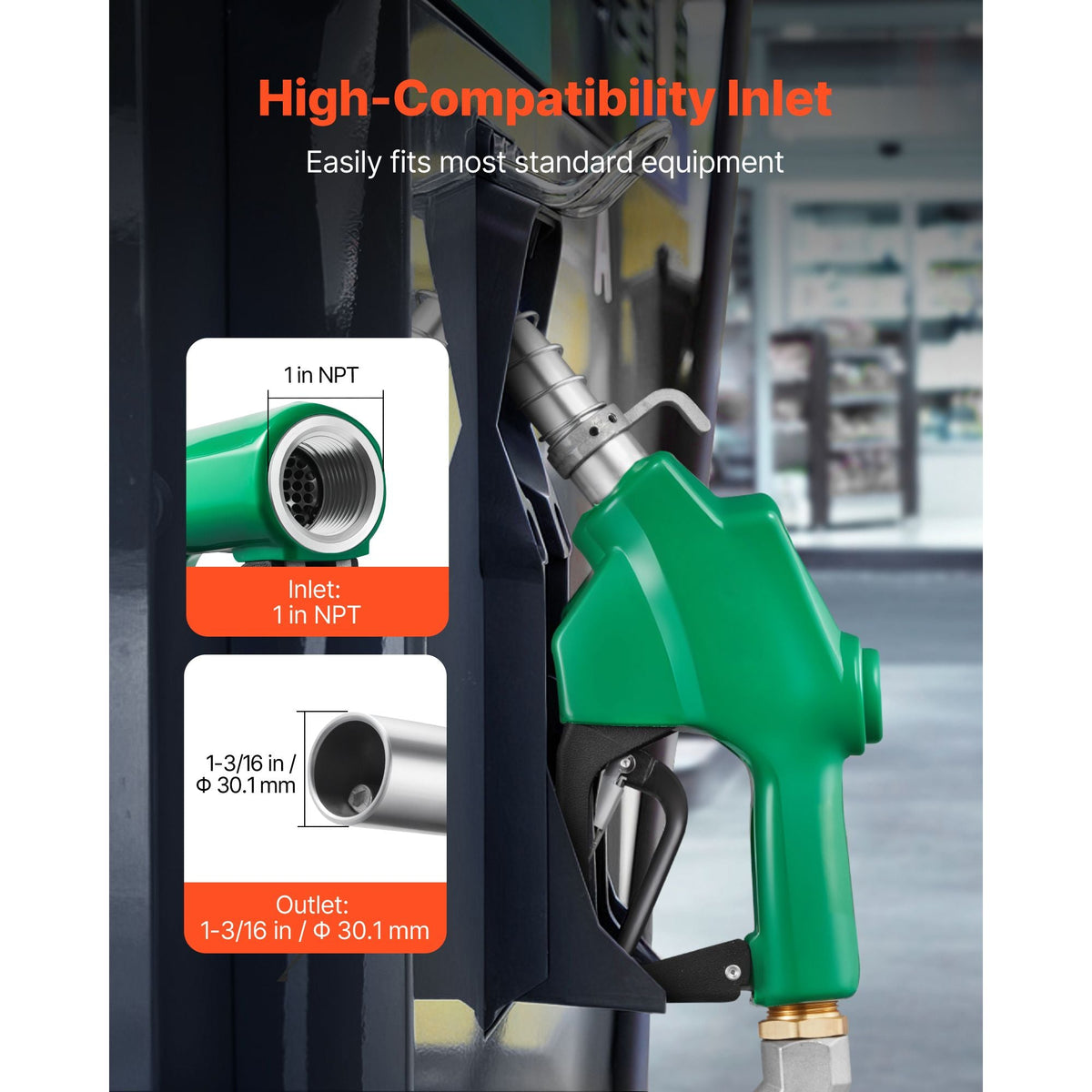 1 Inch NPT Automatic Fuel Nozzle, Max Flow Rate 21.6 GPM, Auto Shut Off Diesel Gas Pump Nozzle with 3-Speed Trigger Lock & 1-3/16 in (OD=30.1 mm) Spout for Gasoline, Diesel, Kerosene, Green