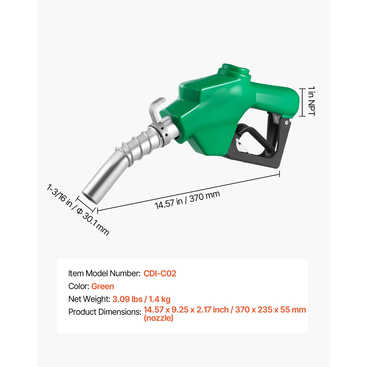 1 Inch NPT Automatic Fuel Nozzle, Max Flow Rate 21.6 GPM, Auto Shut Off Diesel Gas Pump Nozzle with 3-Speed Trigger Lock & 1-3/16 in (OD=30.1 mm) Spout for Gasoline, Diesel, Kerosene, Green