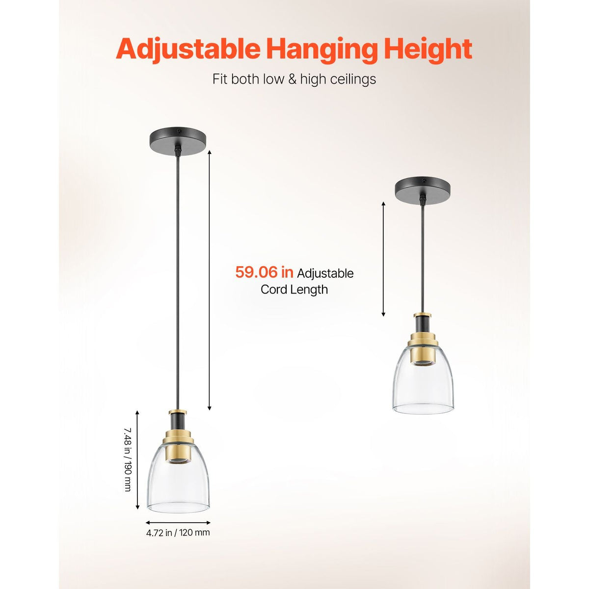1-Light Pendant Light, 2 Pack, Kitchen Island Lights with Clear Glass Shade & Hanging Cord, Black and Gold Finish, Adjustable Height, Pendant Lighting for Bedroom, Hallway, Entryway, Kitchen