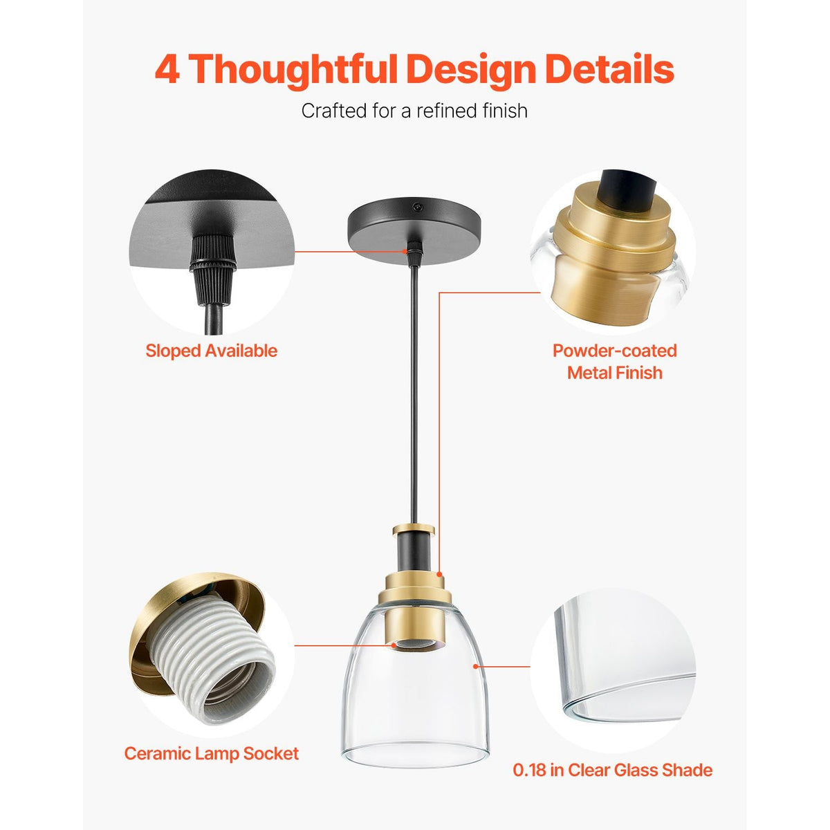 1-Light Pendant Light, 2 Pack, Kitchen Island Lights with Clear Glass Shade & Hanging Cord, Black and Gold Finish, Adjustable Height, Pendant Lighting for Bedroom, Hallway, Entryway, Kitchen
