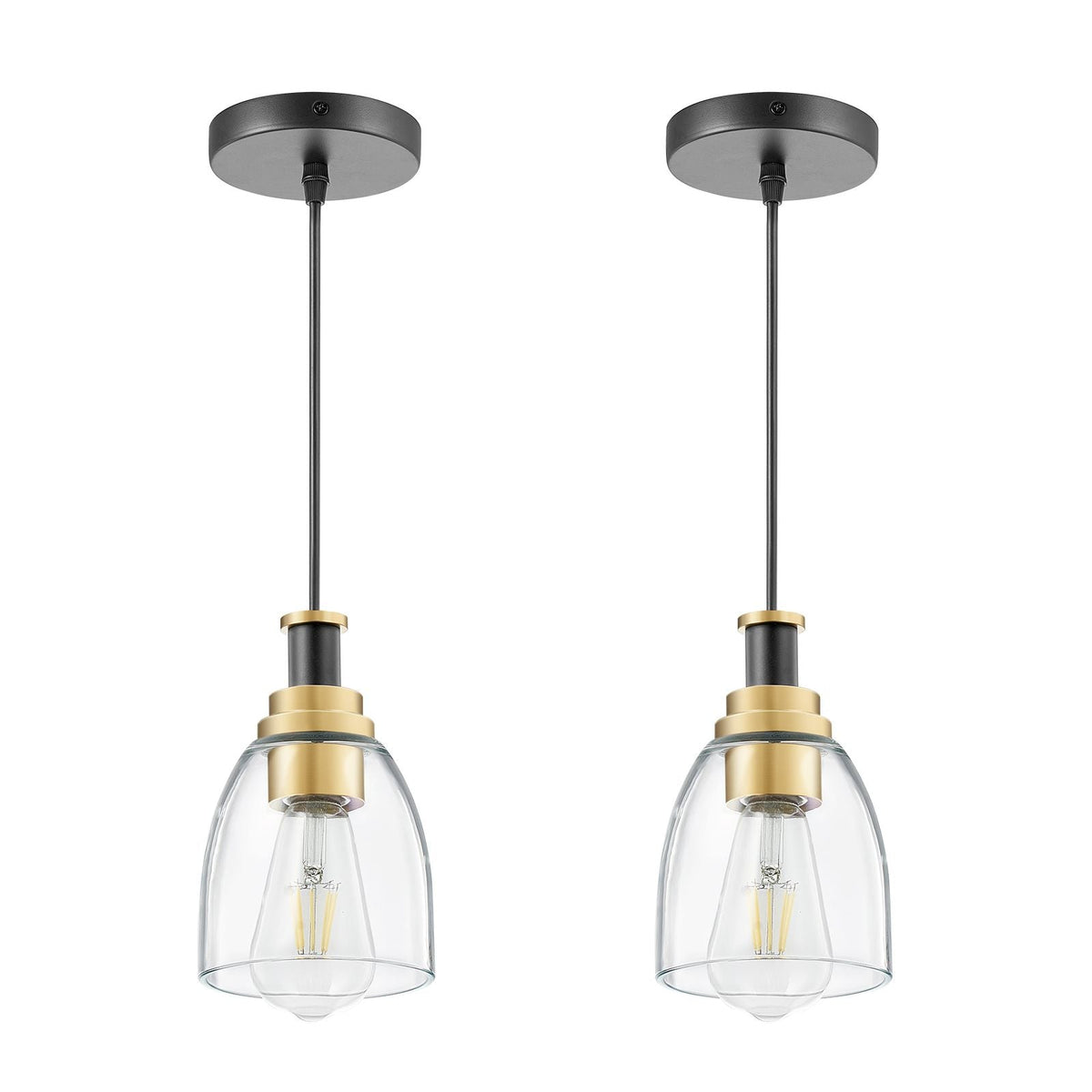 1-Light Pendant Light, 2 Pack, Kitchen Island Lights with Clear Glass Shade & Hanging Cord, Black and Gold Finish, Adjustable Height, Pendant Lighting for Bedroom, Hallway, Entryway, Kitchen