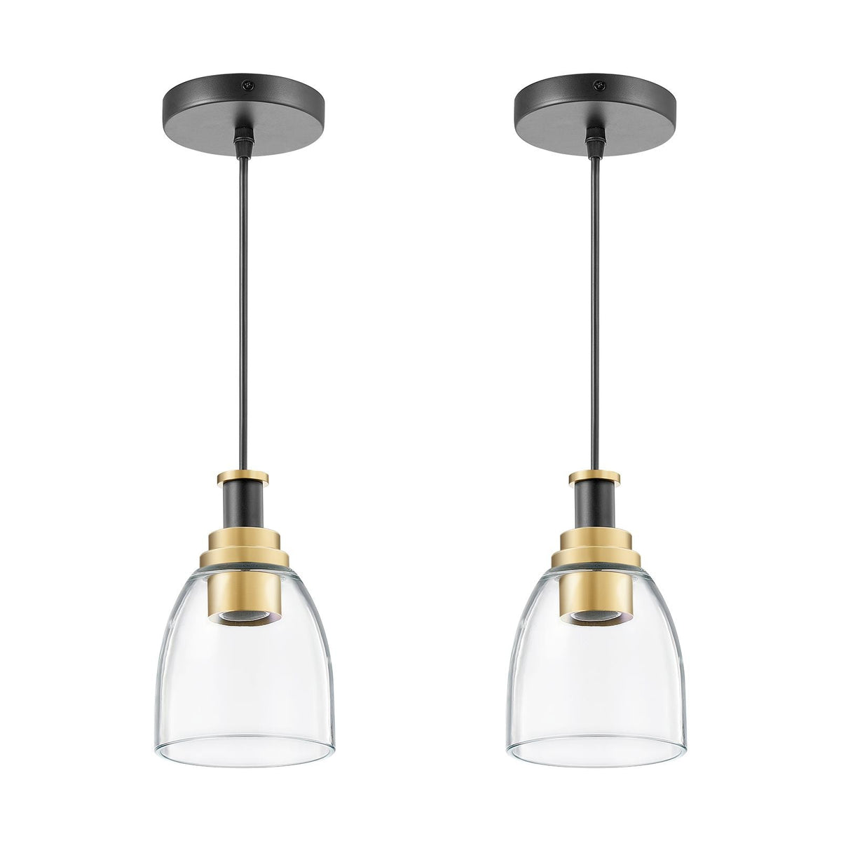 1-Light Pendant Light, 2 Pack, Kitchen Island Lights with Clear Glass Shade & Hanging Cord, Black and Gold Finish, Adjustable Height, Pendant Lighting for Bedroom, Hallway, Entryway, Kitchen