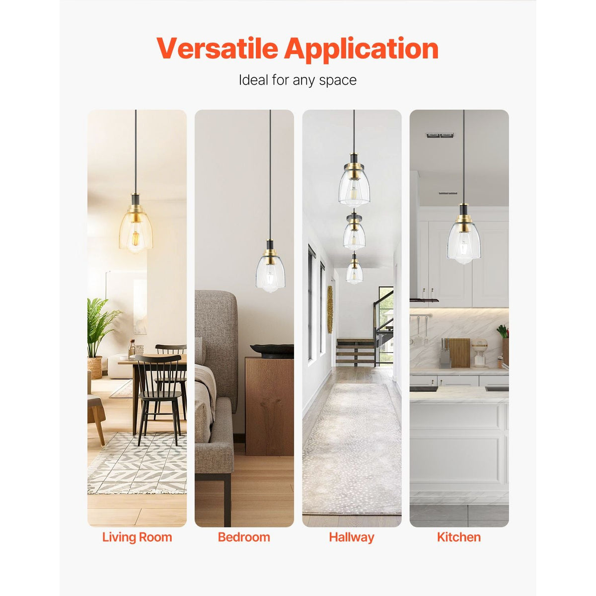 1-Light Pendant Light, 2 Pack, Kitchen Island Lights with Clear Glass Shade & Hanging Cord, Black and Gold Finish, Adjustable Height, Pendant Lighting for Bedroom, Hallway, Entryway, Kitchen