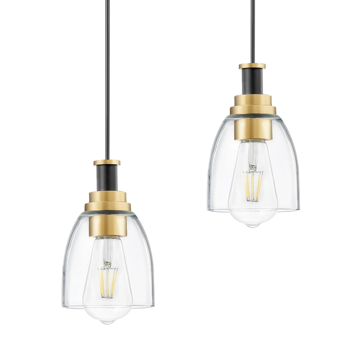 1-Light Pendant Light, 2 Pack, Kitchen Island Lights with Clear Glass Shade & Hanging Cord, Black and Gold Finish, Adjustable Height, Pendant Lighting for Bedroom, Hallway, Entryway, Kitchen