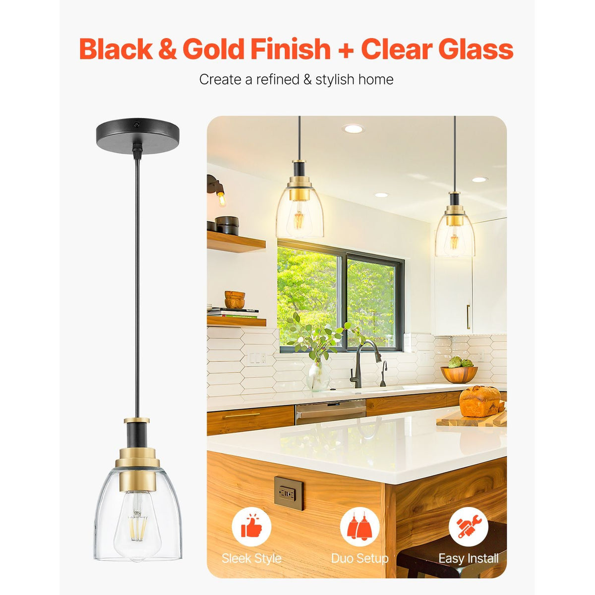 1-Light Pendant Light, 2 Pack, Kitchen Island Lights with Clear Glass Shade & Hanging Cord, Black and Gold Finish, Adjustable Height, Pendant Lighting for Bedroom, Hallway, Entryway, Kitchen