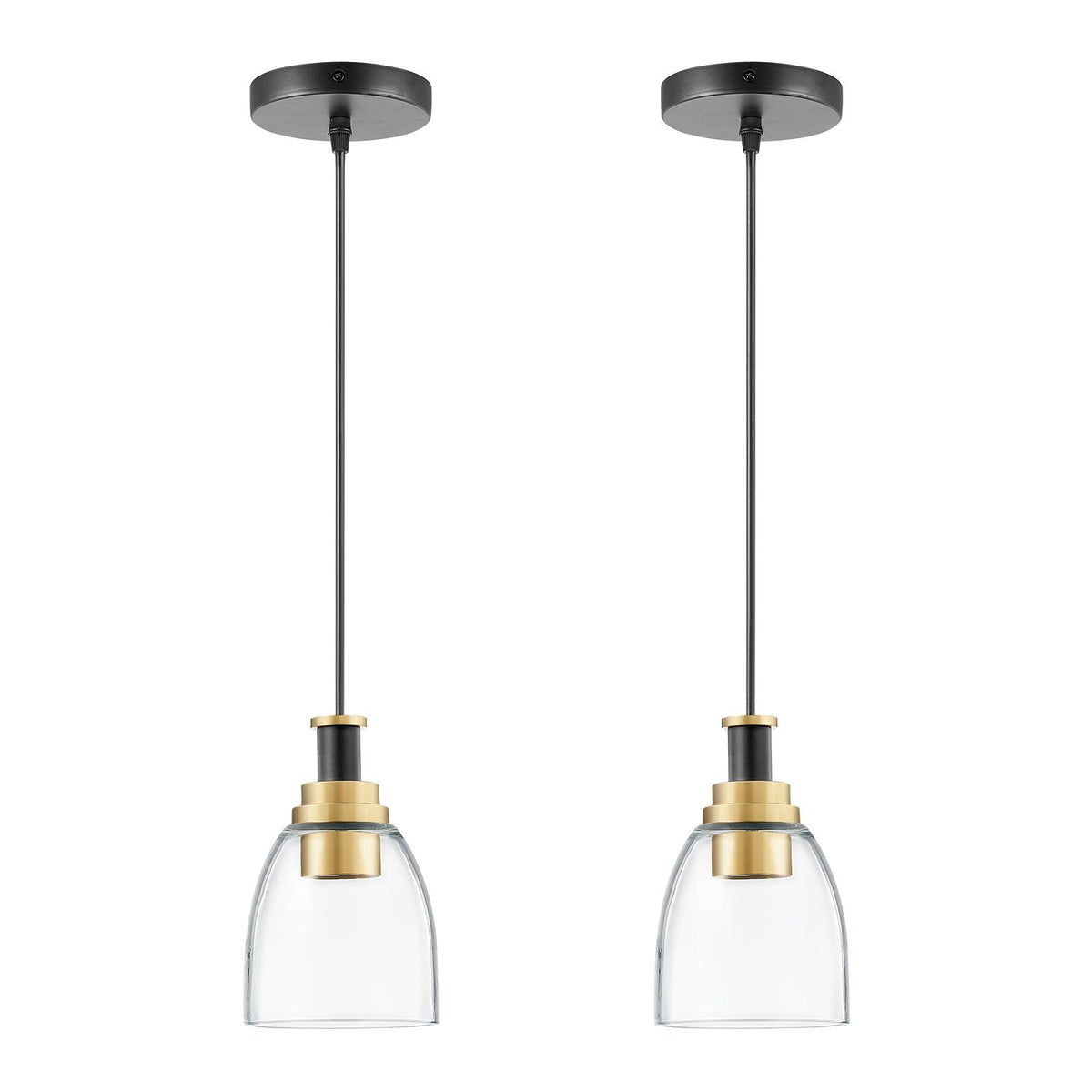 1-Light Pendant Light, 2 Pack, Kitchen Island Lights with Clear Glass Shade & Hanging Cord, Black and Gold Finish, Adjustable Height, Pendant Lighting for Bedroom, Hallway, Entryway, Kitchen