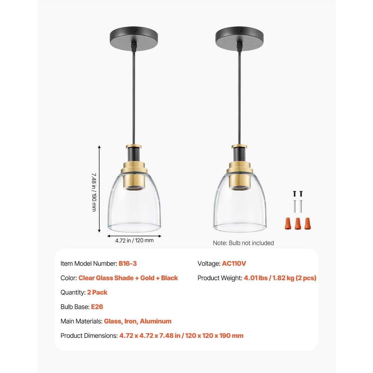 1-Light Pendant Light, 2 Pack, Kitchen Island Lights with Clear Glass Shade & Hanging Cord, Black and Gold Finish, Adjustable Height, Pendant Lighting for Bedroom, Hallway, Entryway, Kitchen