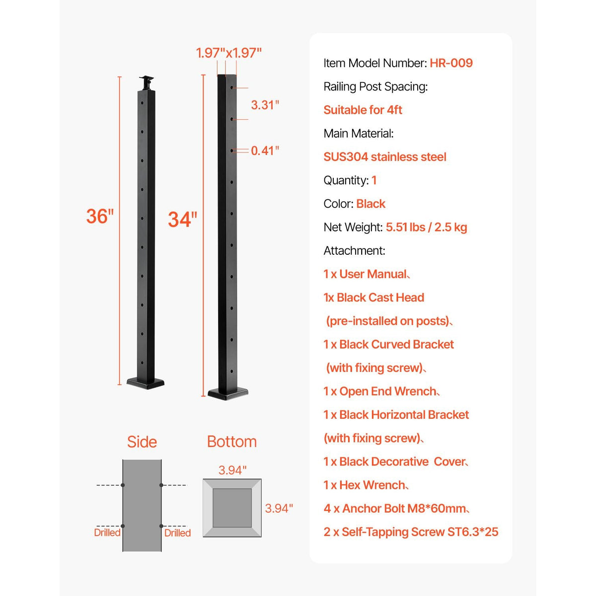 1-Pack Cable Railing Post, 36x2x2 In Horizontal-Hole Deck Railing Post with Pre-Drilled Holes, Stainless Steel Cable Rail Post with Horizontal and Curved Bracket, Black, 1JZLGZXHS9148RVYS001V0