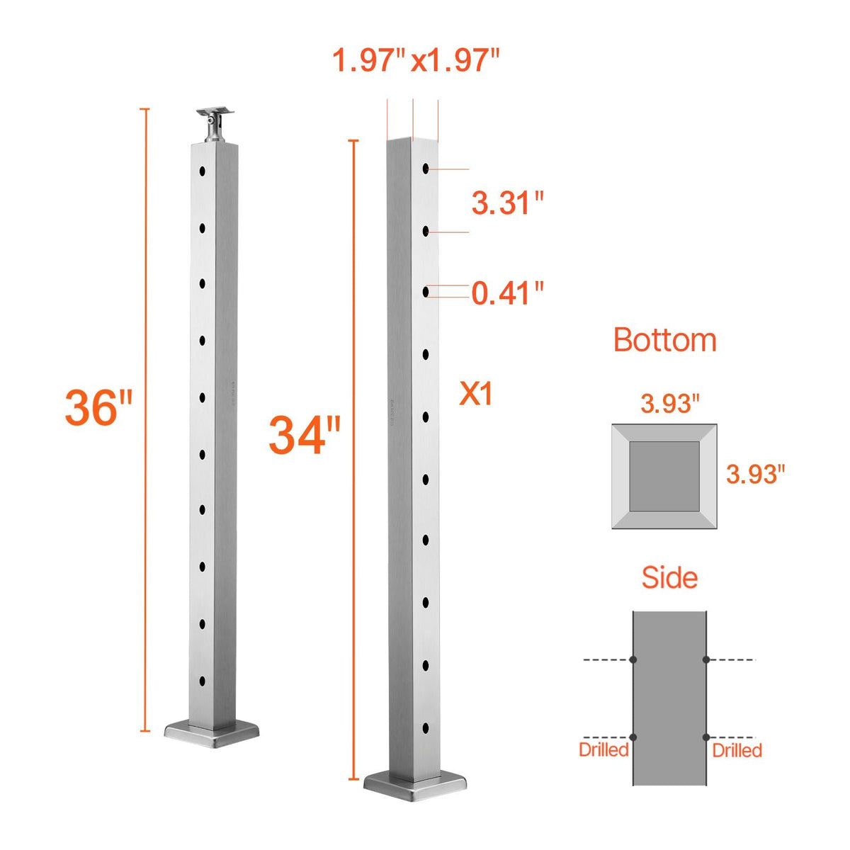 1-Pack Cable Railing Post, 36x2x2 In Horizontal-Hole Deck Railing Post with Pre-Drilled Holes, Stainless Steel Cable Rail Post with Horizontal and Curved Bracket, Silver, 1JZLGZXYS91466KZK001V0