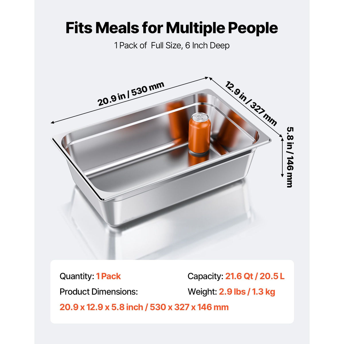 1 Pack Stainless Steam Hotel Pan, Full Size Table Steam Pan, 6 Inch Deep Anti Jam Restaurant Supplies Reusable Rustproof Catering Storage for Home, Party, Restaurant, Hotel, Buffet
