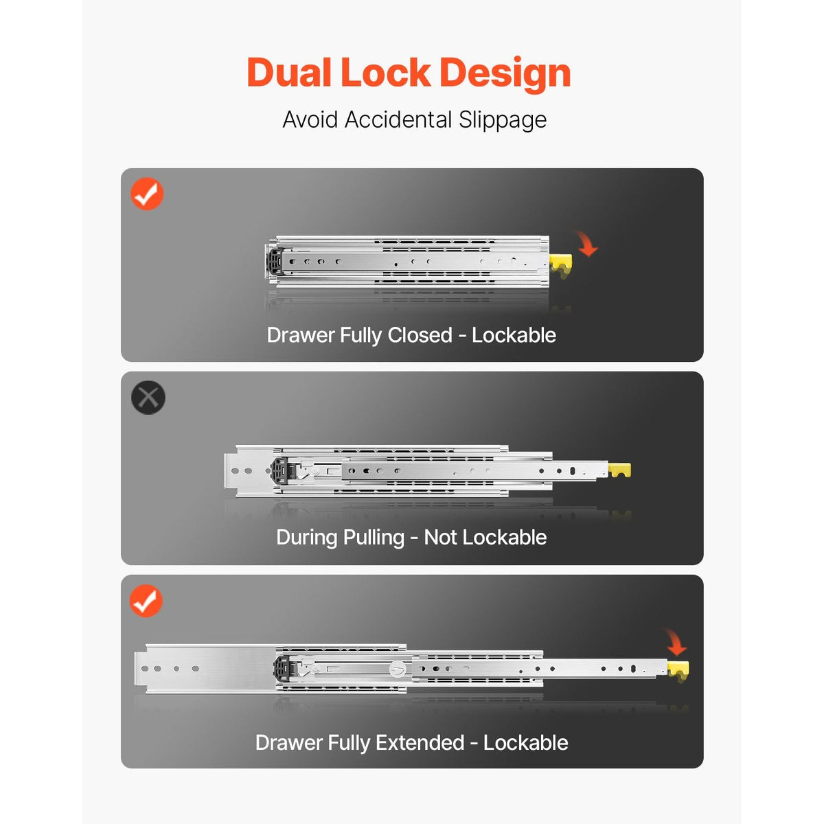 1 Pair Full Extension Drawer Slides 18 20 22 28 30 32 36 38 40 44 48 52 56 60 in, 500 lbs Load Capacity Locking Drawer Slides, Ball Bearing with Lock Side Mount Drawer Slide Rail