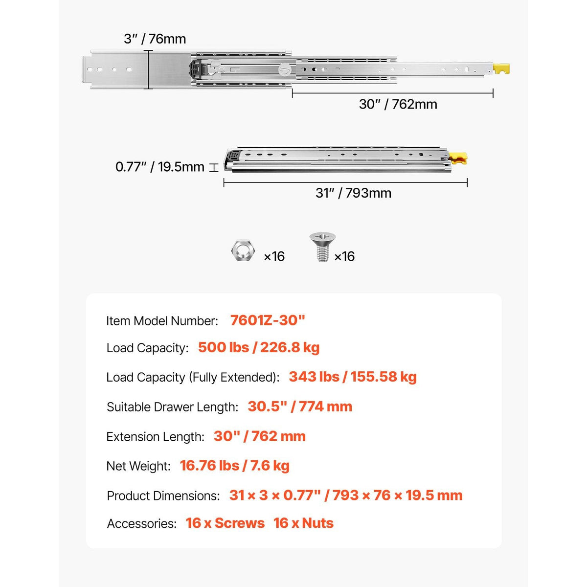 1 Pair Full Extension Drawer Slides 18 20 22 28 30 32 36 38 40 44 48 52 56 60 in, 500 lbs Load Capacity Locking Drawer Slides, Ball Bearing with Lock Side Mount Drawer Slide Rail