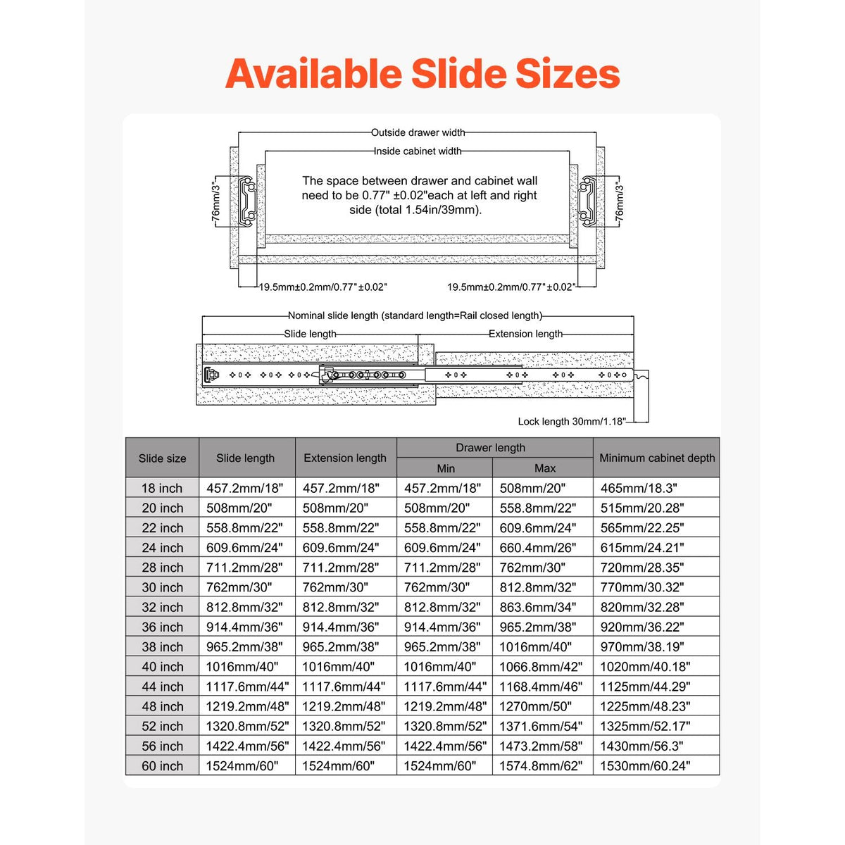 1 Pair Full Extension Drawer Slides 18 20 22 28 30 32 36 38 40 44 48 52 56 60 in, 500 lbs Load Capacity Locking Drawer Slides, Ball Bearing with Lock Side Mount Drawer Slide Rail