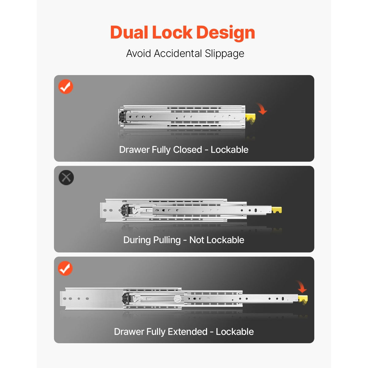 1 Pair Full Extension Drawer Slides 18 20 22 28 30 32 36 38 40 44 48 52 56 60 in, 500 lbs Load Capacity Locking Drawer Slides, Ball Bearing with Lock Side Mount Drawer Slide Rail
