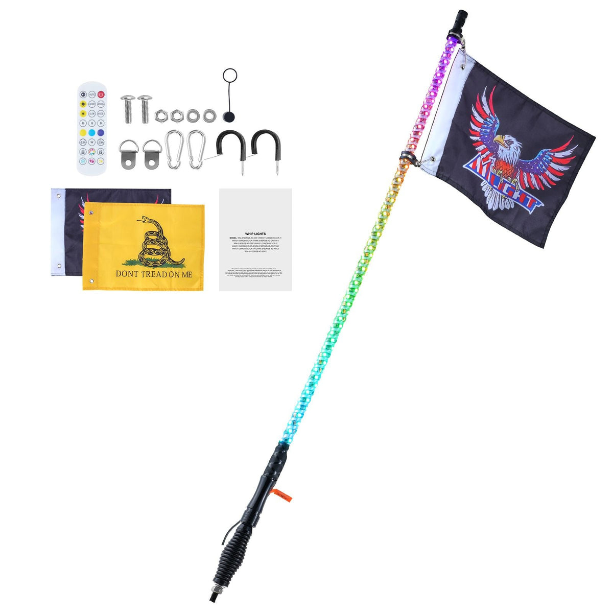 1 PC 3 FT Whip Light with Spring Base, Led Whip Light with APP & Remote Control, Waterproof 360° Spiral RGB Chasing Lighted Whip with 2 Flags, for UTVs, ATVs, Motorcycles, RZR, Can-am, Go-karts