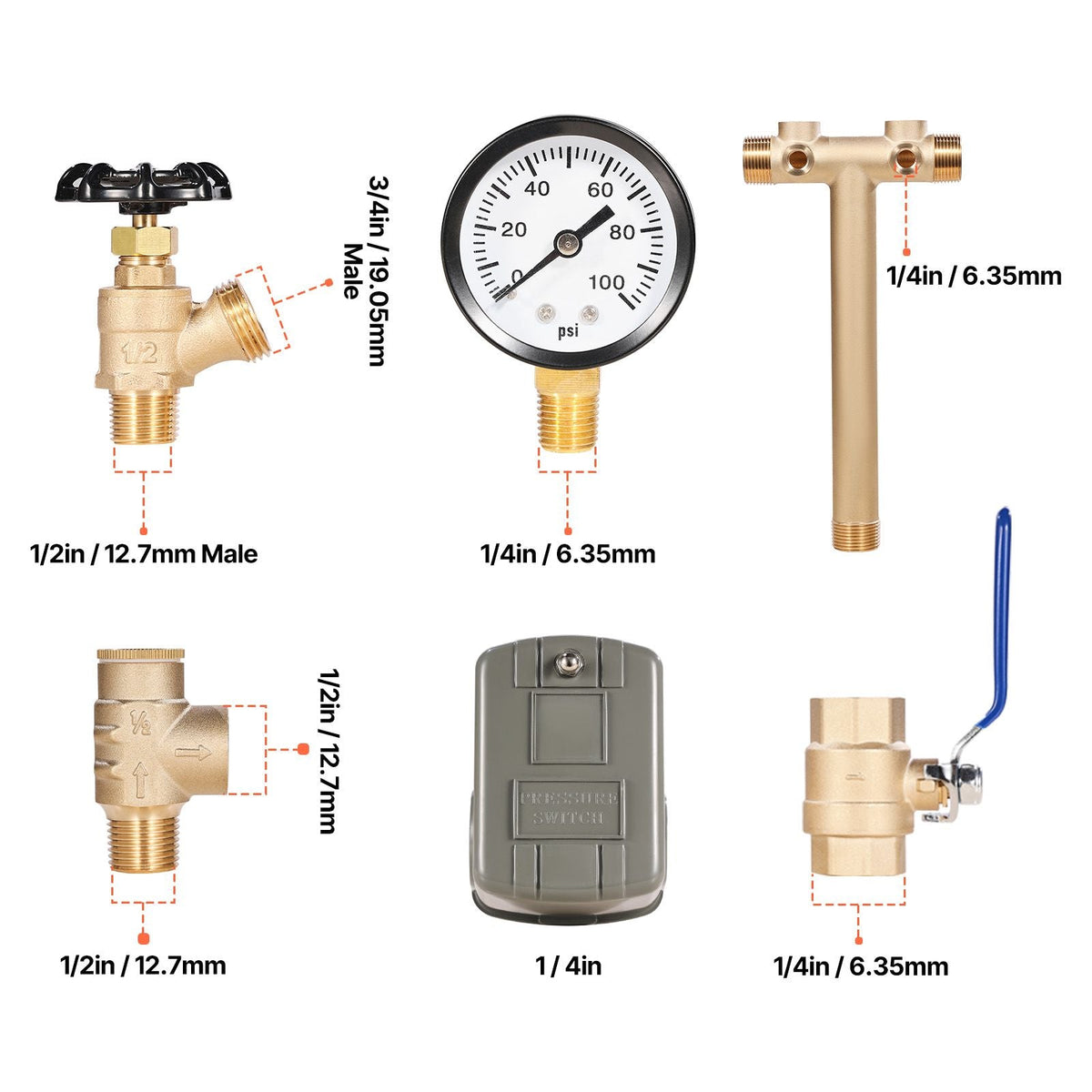 1" x 11" Well Pressure Tank Tee Kit, with 30/50PSI Switch, 8-Pieces Pure Brass Pressure Tank Installation Kit for Water Well, 1 in Gate Valve Included, Fit Most tanks with Diameter up to 16 in