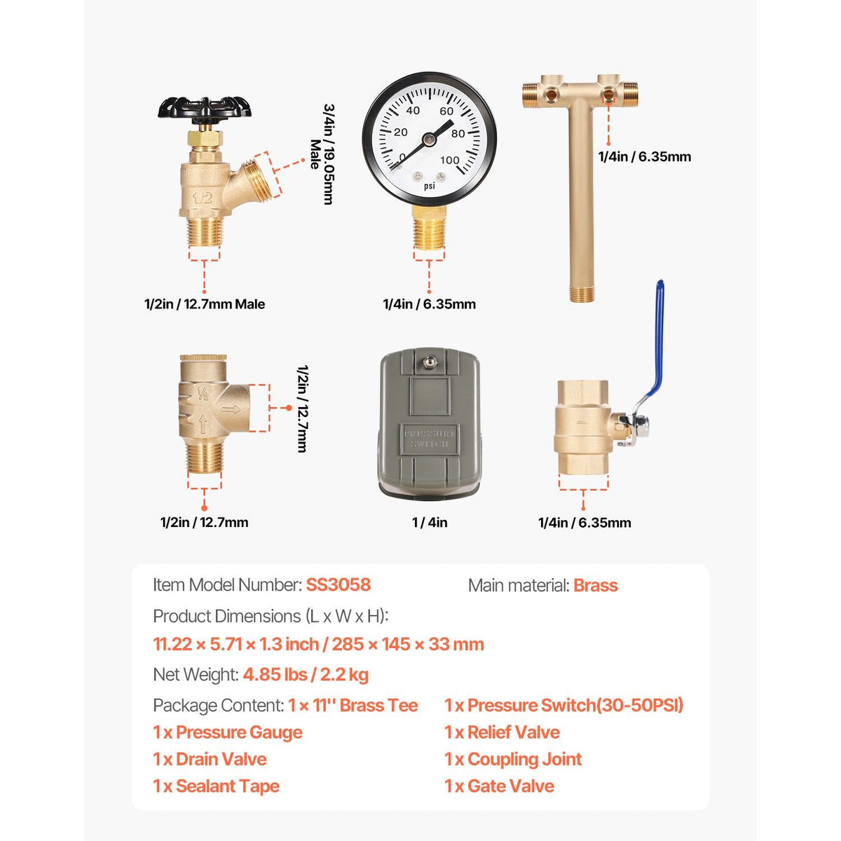 1" x 11" Well Pressure Tank Tee Kit, with 30/50PSI Switch, 8-Pieces Pure Brass Pressure Tank Installation Kit for Water Well, 1 in Gate Valve Included, Fit Most tanks with Diameter up to 16 in