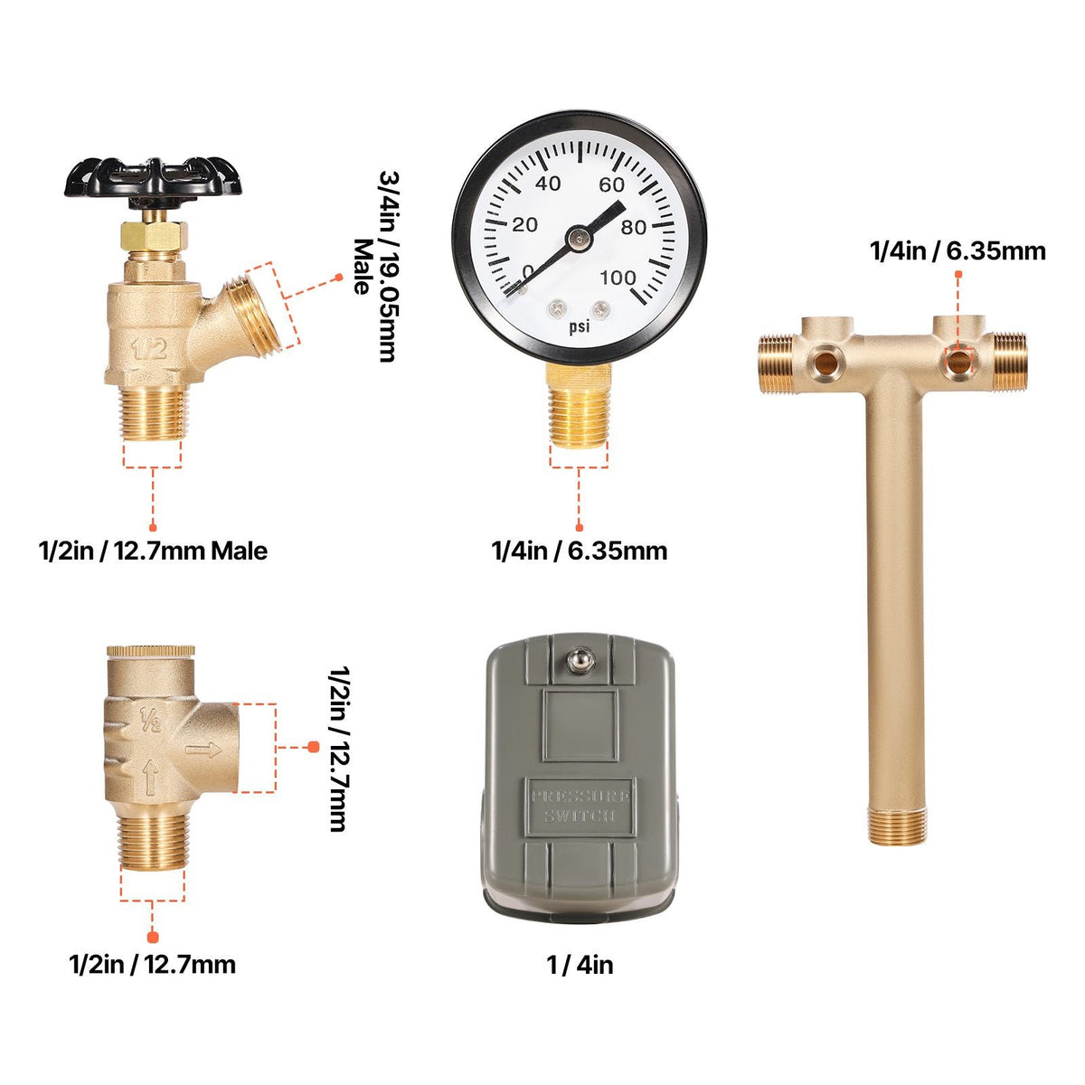 1" x 11" Well Pressure Tank Tee Kit, with 40/60PSI Switch, 7-Pieces Pure Brass Pressure Tank Installation Kit for Water Well, Fit Most Tanks with Diameters up to 16 Inches