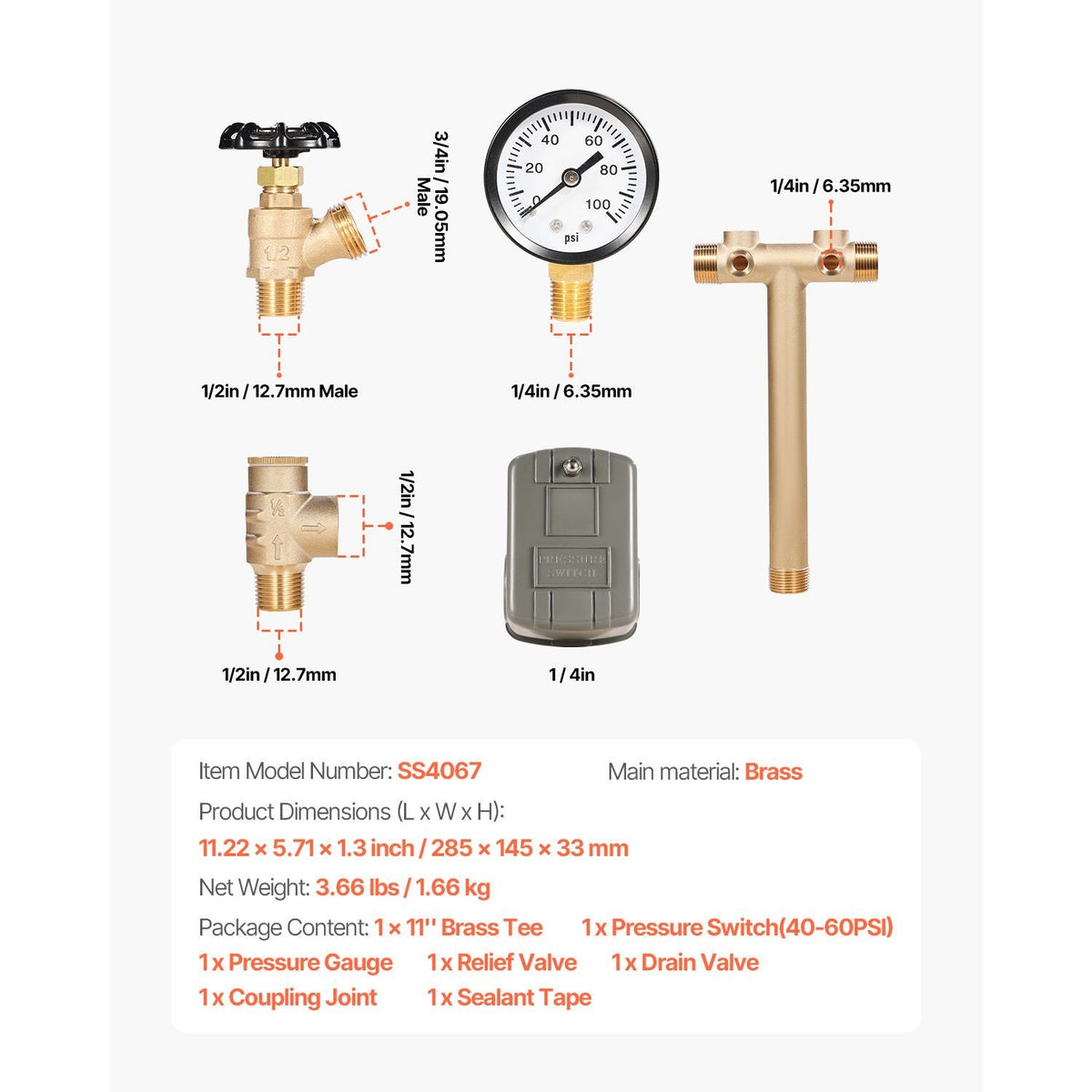 1" x 11" Well Pressure Tank Tee Kit, with 40/60PSI Switch, 7-Pieces Pure Brass Pressure Tank Installation Kit for Water Well, Fit Most Tanks with Diameters up to 16 Inches