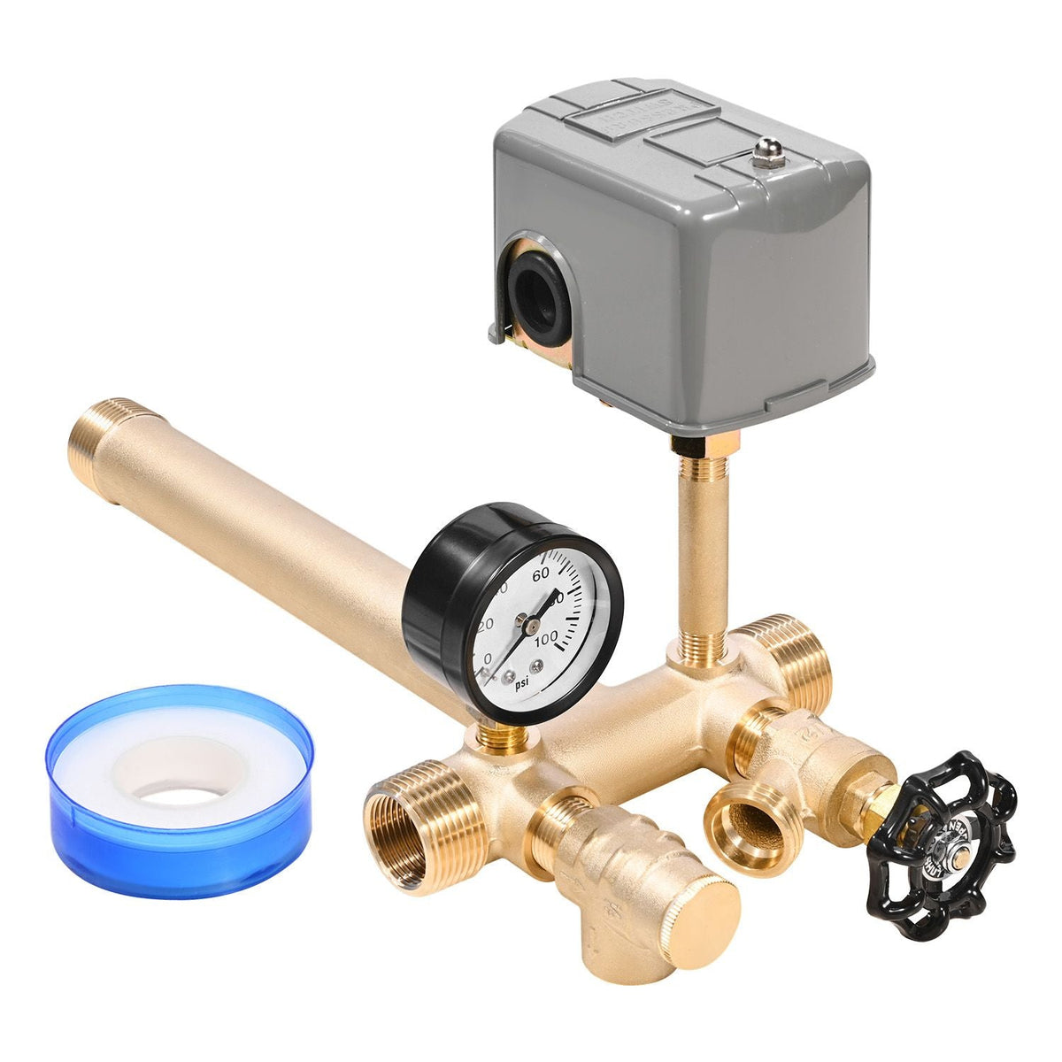 1" x 11" Well Pressure Tank Tee Kit, with 40/60PSI Switch, 7-Pieces Pure Brass Pressure Tank Installation Kit for Water Well, Fit Most Tanks with Diameters up to 16 Inches