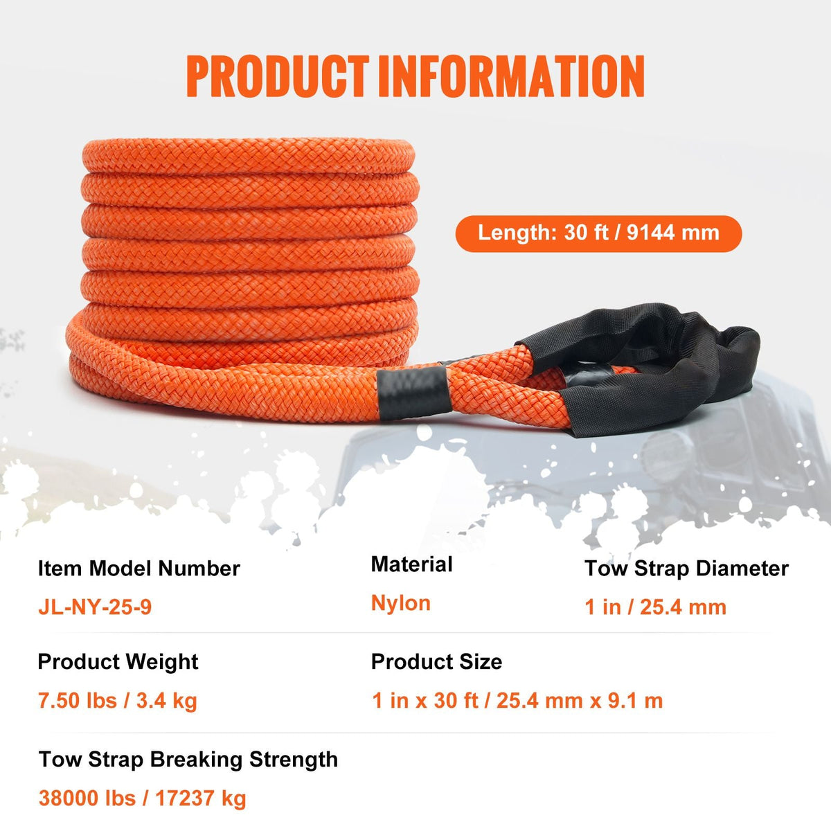 1" x 30' Kinetic Recovery Tow Rope 38,000 lbs, Heavy-Duty Off Road Snatch Strap, Extreme Duty 30% Elasticity Energy Snatch Strap for Jeep Car Truck ATV UTV SUV Tractor