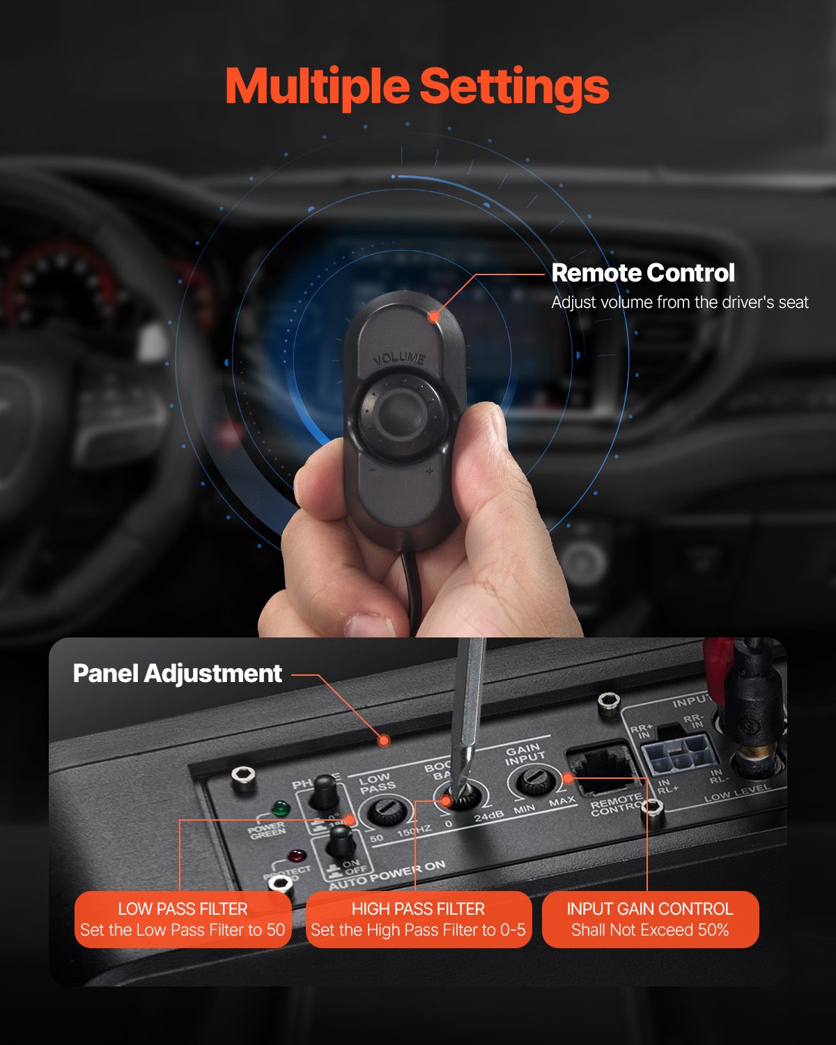 10" 400W Underseat Car Subwoofer, Slim Powered Car Subwoofers Under the Seat, Low Profile Audio Sub Built-in Amplifier, High/Low Level Input & Volume Controller for SUVs, Car, Truck, RV
