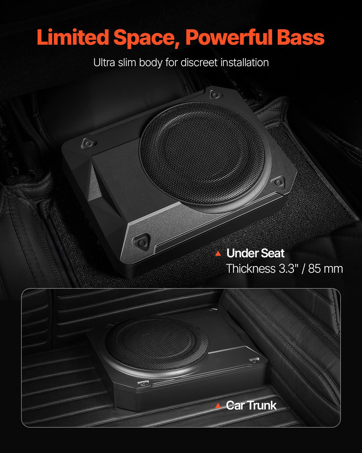 10" 400W Underseat Car Subwoofer, Slim Powered Car Subwoofers Under the Seat, Low Profile Audio Sub Built-in Amplifier, High/Low Level Input & Volume Controller for SUVs, Car, Truck, RV