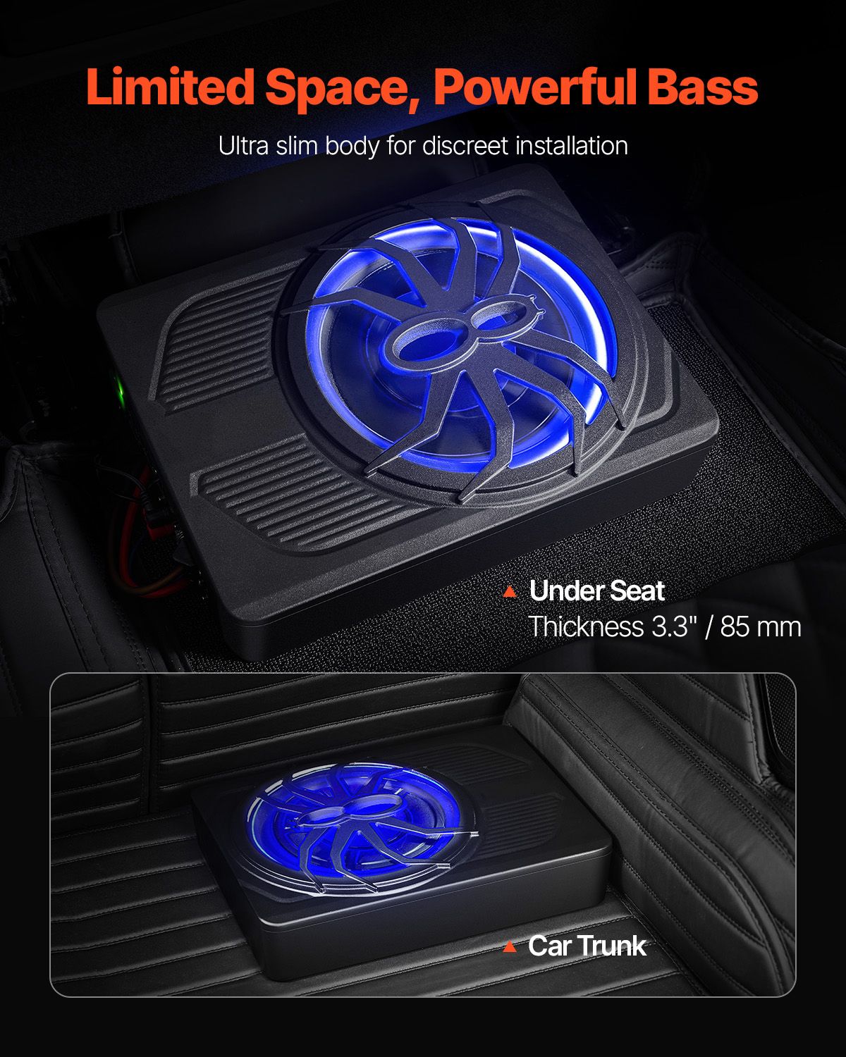 10" 440W Underseat Car Subwoofer, Slim Powered Car Subwoofers with Blue Ambient Light, Low Profile Audio Sub Under the Seat with Built-in Amplifier, Remote Controller for SUVs, Car, Truck, RV