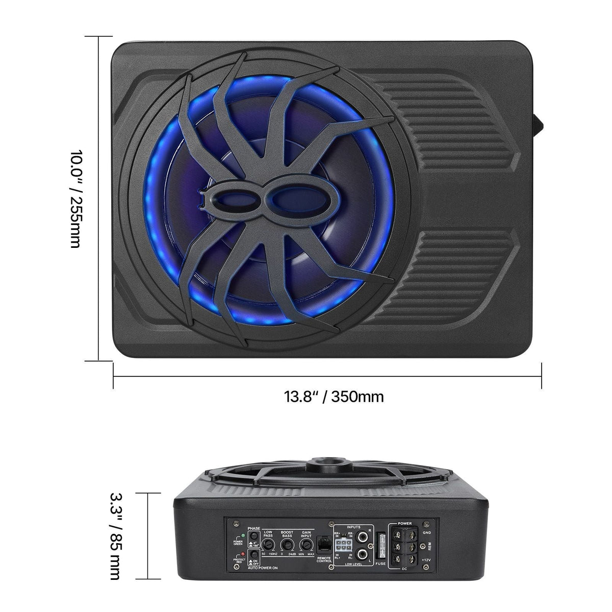 10" 440W Underseat Car Subwoofer, Slim Powered Car Subwoofers with Blue Ambient Light, Low Profile Audio Sub Under the Seat with Built-in Amplifier, Remote Controller for SUVs, Car, Truck, RV