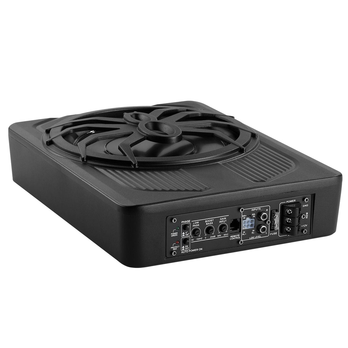 10" 440W Underseat Car Subwoofer, Slim Powered Car Subwoofers with Blue Ambient Light, Low Profile Audio Sub Under the Seat with Built-in Amplifier, Remote Controller for SUVs, Car, Truck, RV