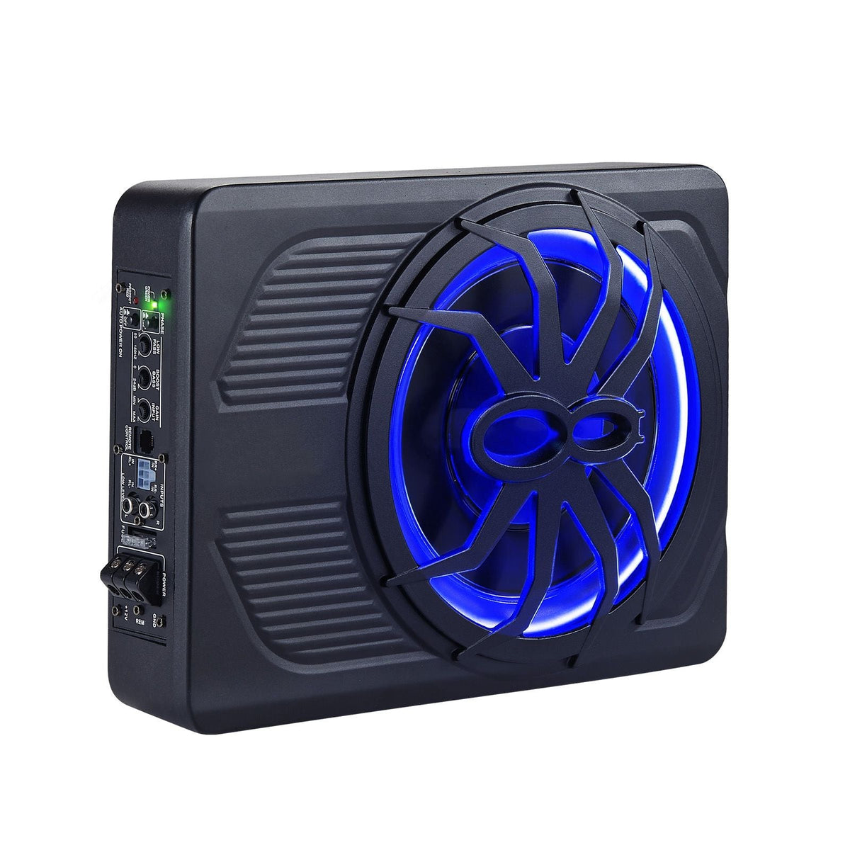 10" 440W Underseat Car Subwoofer, Slim Powered Car Subwoofers with Blue Ambient Light, Low Profile Audio Sub Under the Seat with Built-in Amplifier, Remote Controller for SUVs, Car, Truck, RV