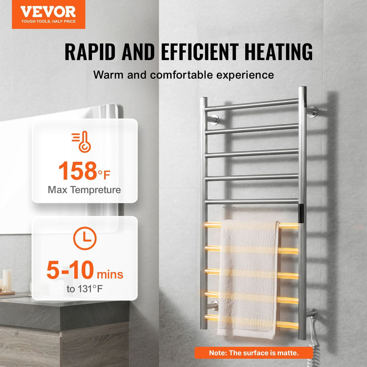 10 Bars Towel Warmer Rack, Wall Mounted Heated Towel Rack for Bathroom, IPX5 Waterpoof Towel Heater Rack with Timer & LED Display Screen, 5 Levels Adjustable Temperature Towel Heater, Silver