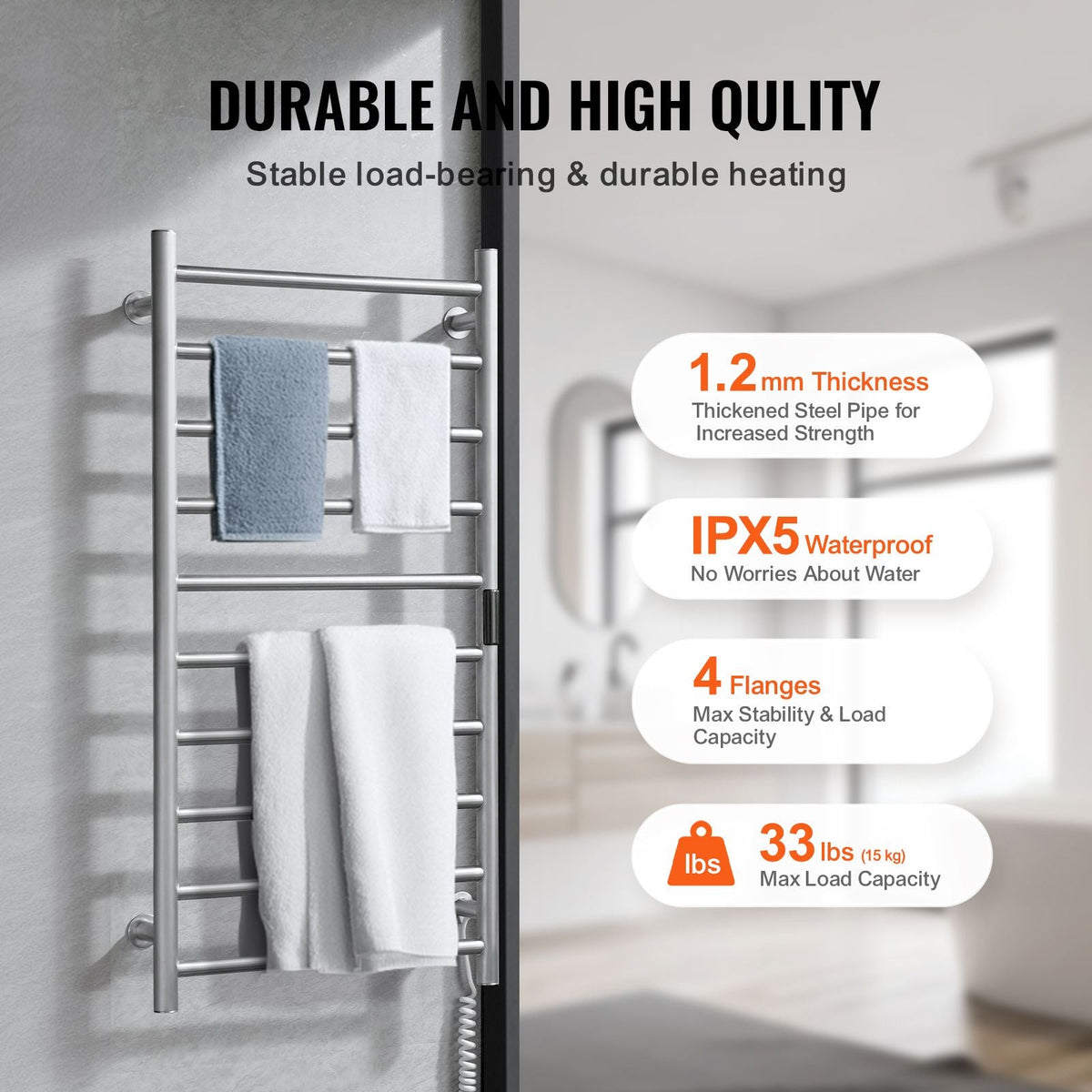 10 Bars Towel Warmer Rack, Wall Mounted Heated Towel Rack for Bathroom, IPX5 Waterpoof Towel Heater Rack with Timer & LED Display Screen, 5 Levels Adjustable Temperature Towel Heater, Silver