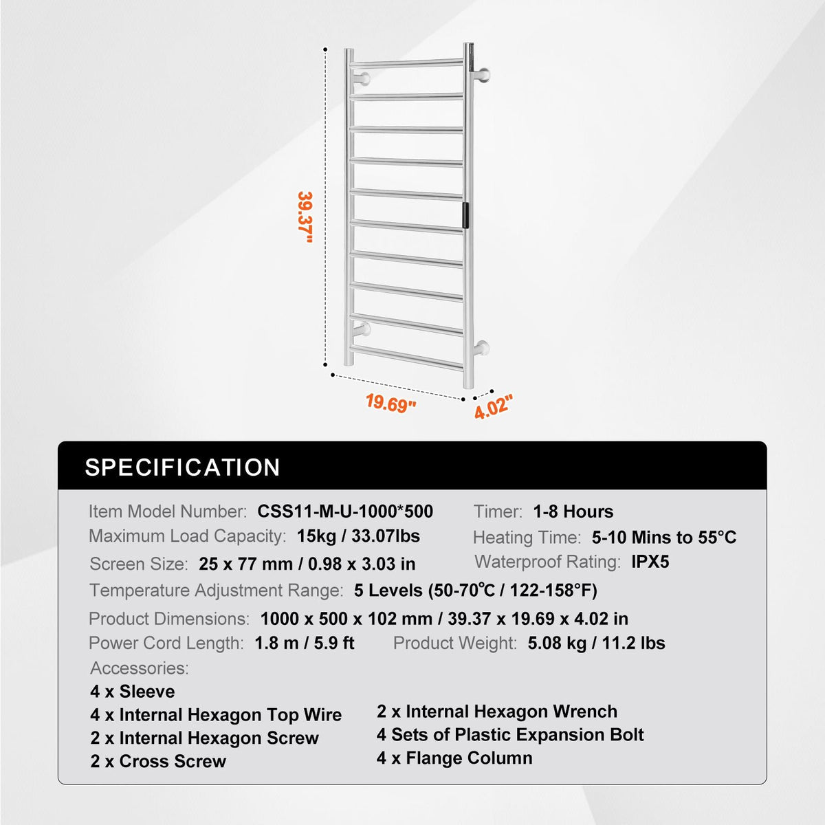 10 Bars Towel Warmer Rack, Wall Mounted Heated Towel Rack for Bathroom, IPX5 Waterpoof Towel Heater Rack with Timer & LED Display Screen, 5 Levels Adjustable Temperature Towel Heater, Silver