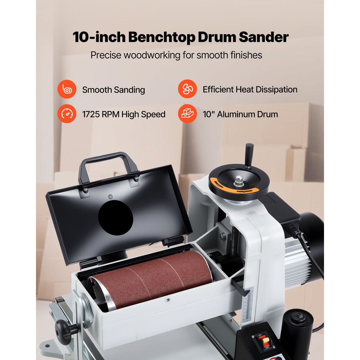 10" Benchtop Drum Sander, 1HP 1725RPM Dual Motor Drum Sander for Woodworking - Variable Speed Conveyor Belt & 4" Dust Collection Port for Cabinet Making & Furniture Finishing
