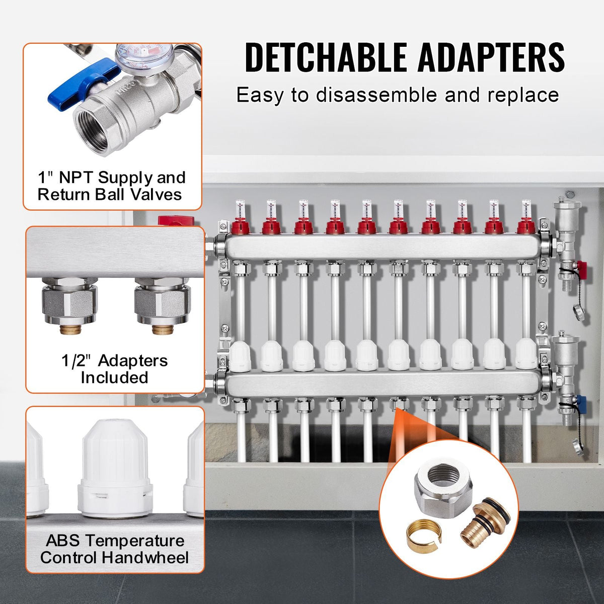 10-Branch Radiant Heat Manifold, 1/2" PEX Tubing Manifold, Stainless Steel PEX Manifold for Hydronic Radiant Floor Heating, Radiant Heat PEX Manifold Kit with 1/2" Adapters Included