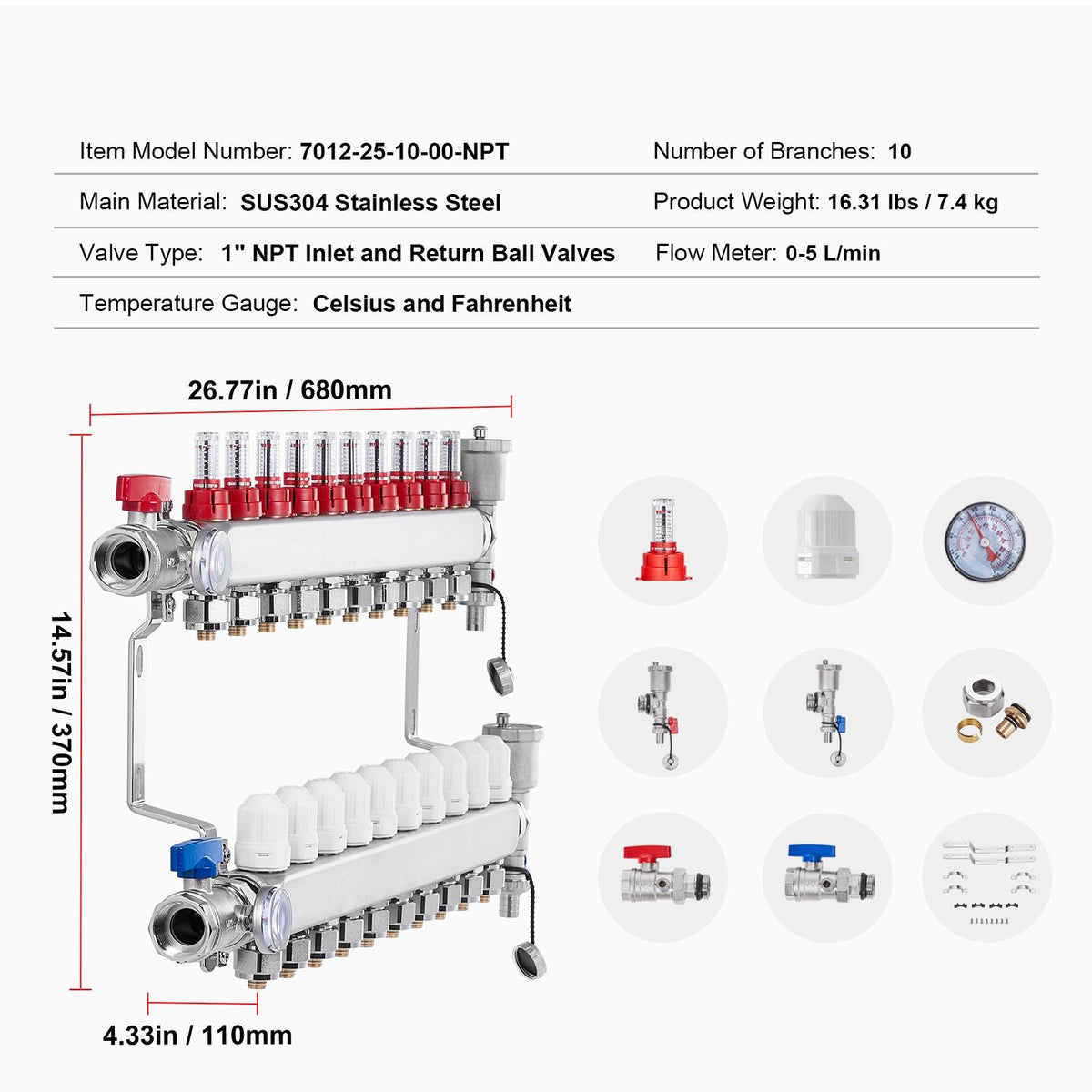 10-Branch Radiant Heat Manifold, 1/2" PEX Tubing Manifold, Stainless Steel PEX Manifold for Hydronic Radiant Floor Heating, Radiant Heat PEX Manifold Kit with 1/2" Adapters Included
