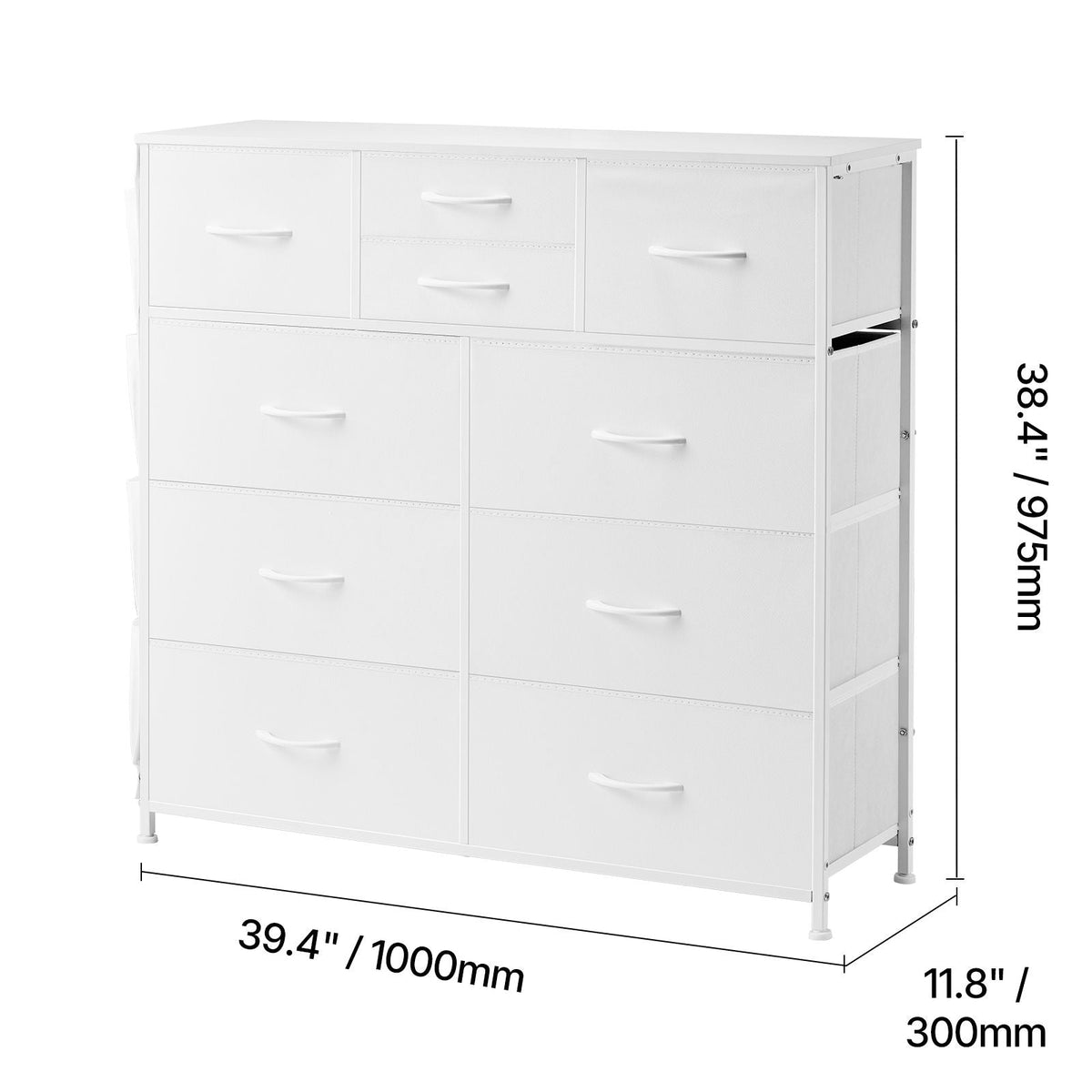 10 Drawer Dresser, Fabric Drawer Dresser with Fabric Bins, Closet Storage Drawers with Easy Pull Handle and Sturdy Steel Frame, Fabric Storage Tower for Bedroom, Hallway, Closet, Nursery, White