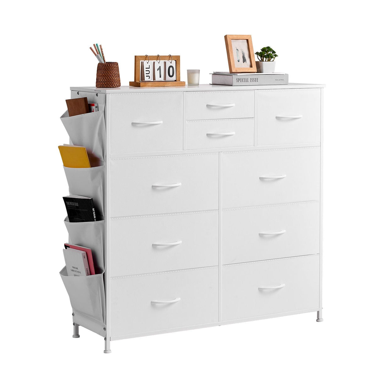 10 Drawer Dresser, Fabric Drawer Dresser with Fabric Bins, Closet Storage Drawers with Easy Pull Handle and Sturdy Steel Frame, Fabric Storage Tower for Bedroom, Hallway, Closet, Nursery, White